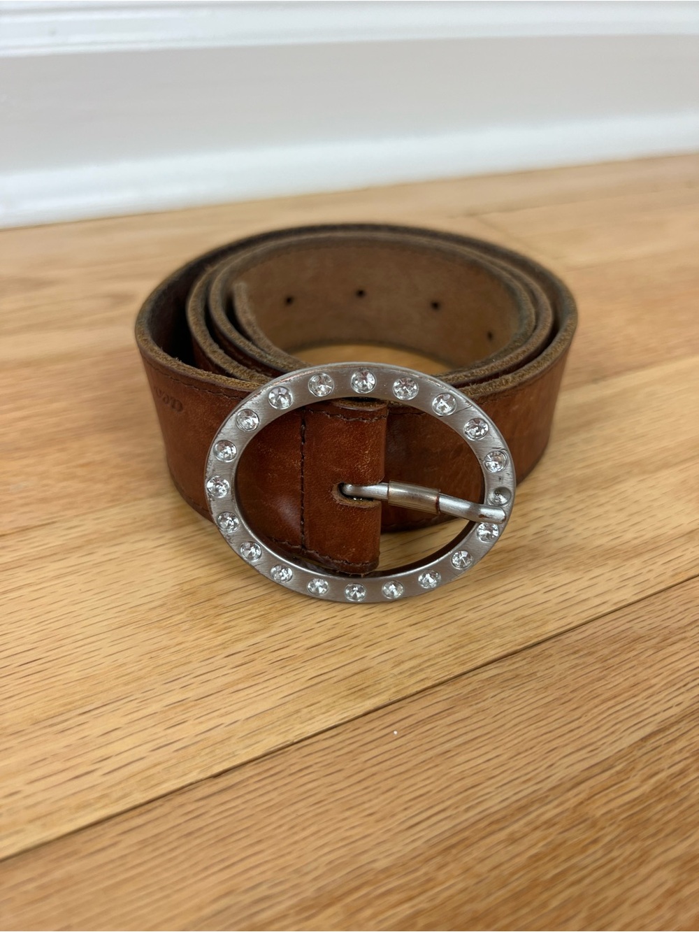 VTG American Eagle Brown Leather Rhinestone Oval Buckle Belt